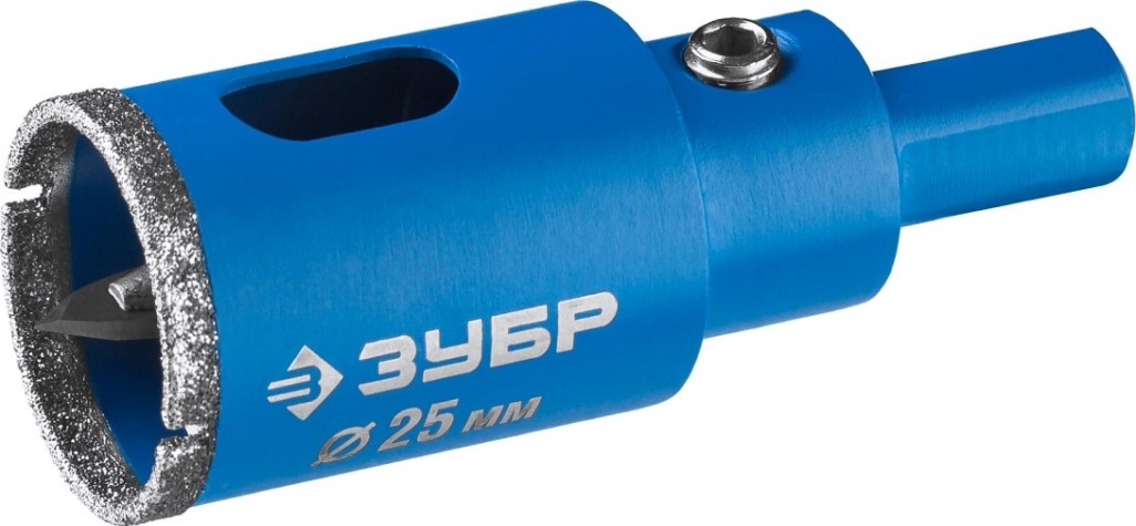 Алмазная коронка для мокрого сверления ЗУБР ПРОФЕССИОНАЛ по кафелю и стеклу, d=25 мм, зерно р 60, в сборе с [29850-25]