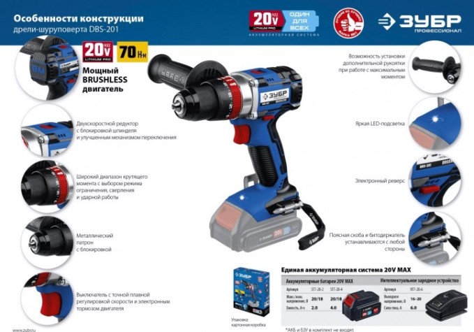 Дрель-шуруповерт аккумуляторная ЗУБР DBS-201 ударная, бесщеточная, без АКБ и ЗУ Профессионал