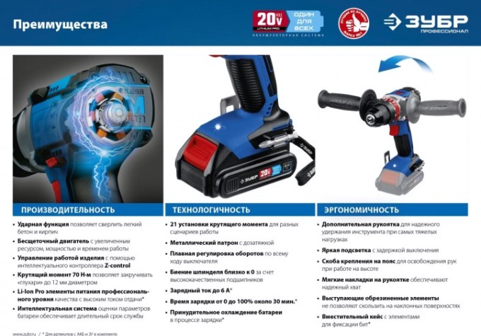 Дрель-шуруповерт аккумуляторная ЗУБР DBS-201 ударная, бесщеточная, без АКБ и ЗУ Профессионал
