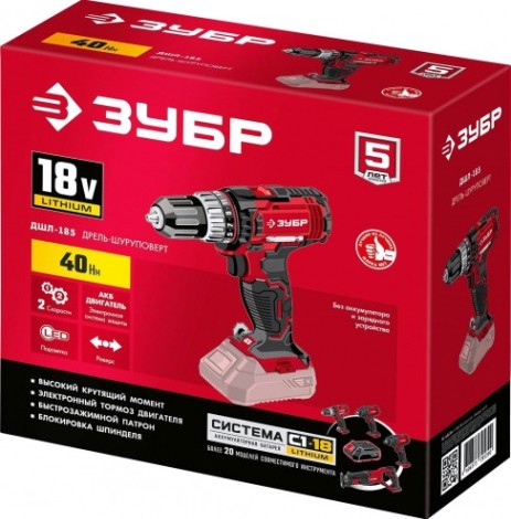 Дрель-шуруповерт аккумуляторная ЗУБР ДШЛ-185 ударная, без АКБ и ЗУ