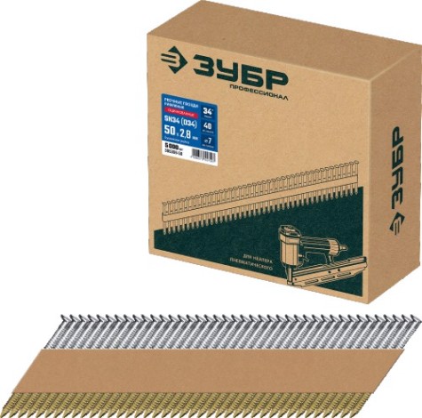 Гвозди для скобозабивателя ЗУБР SN34 (d34) 50х2.8 мм реечные рифленые оцинкованные, 5000 шт [305399-50]