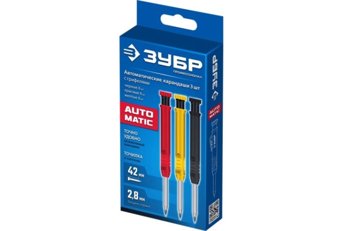Карандаш строительный ЗУБР Профессионал АСК 18 сменных грифелей: 6ч + 6ж + 6к автоматический [06312-H6]