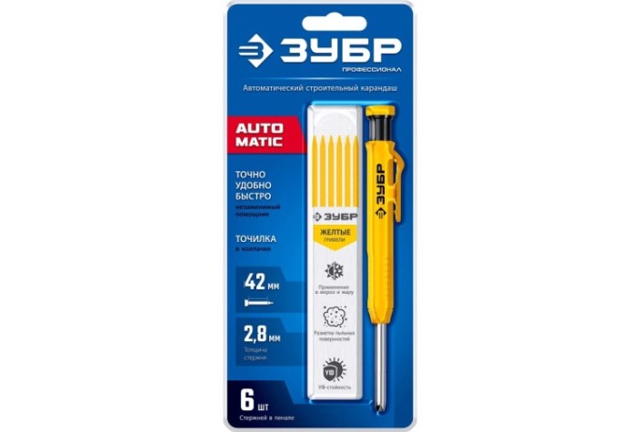Карандаш строительный ЗУБР Профессионал АСК 6 сменных грифелей желтый автоматический
