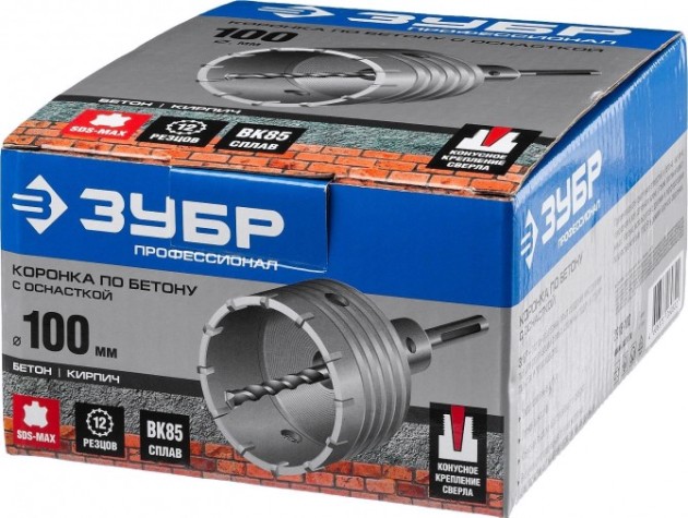 Коронка буровая ЗУБР ПРОФЕССИОНАЛ по бетону с державкой sds-max, 100 мм [2918-100]