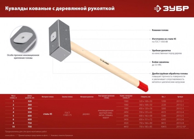Кувалда ЗУБР 4кг кованая, деревянная рукоятка 550 мм [20112-4]