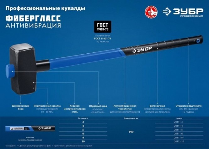 Кувалда ЗУБР "Мастер" с фибергласовой рукояткой, 5,0 кг 20111-5 [20111-5_z03]