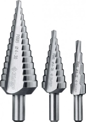 Набор ступенчатых сверл по металлу ЗУБР 3 шт., 4-30 мм Р6М5 29670-4-30-H3 [29670-4-30-H3]