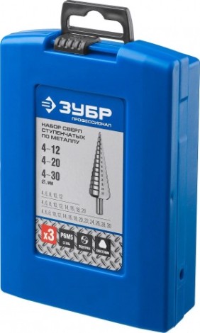 Набор ступенчатых сверл по металлу ЗУБР 3 шт., 4-30 мм Р6М5 29670-4-30-H3 [29670-4-30-H3]