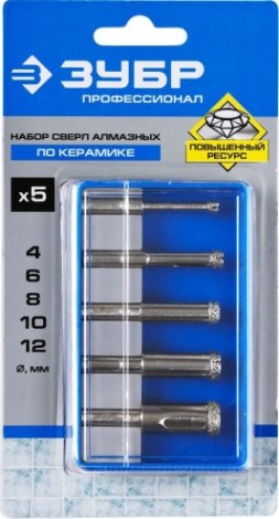 Набор сверл алмазных ЗУБР ПРОФЕССИОНАЛ трубчатых по кафелю и стеклу, d=4, 6, 8, 10, 12 мм [29850-H5]