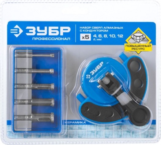 Набор сверл алмазных ЗУБР ПРОФЕССИОНАЛ трубчатых по кафелю и стеклу с кондуктором, d=4, 6 [29851-H6]