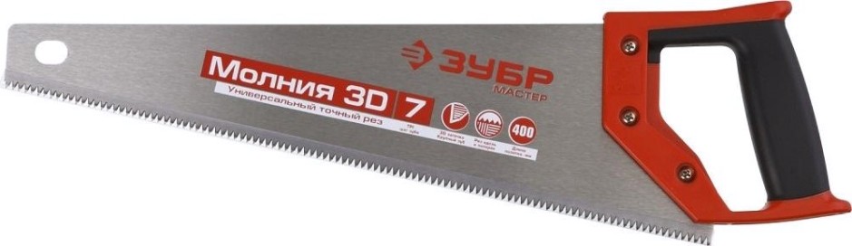 Ножовка по дереву ЗУБР МОЛНИЯ-3D 7TPI универсальная 400мм, 3d зуб, точный рез [15077-40_z01]