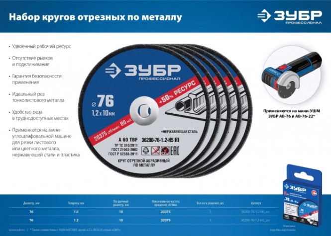 Отрезной круг по металлу ЗУБР X-2 76х1,0х10 мм, набор 5 шт. [36200-76-1.0-H5_z03]