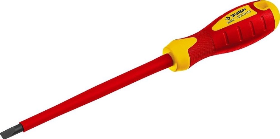Отвертка диэлектрическая шлицевая ЗУБР ПРОФИ ЭЛЕКТРИК SL 6x150 мм до 1000в, "профессионал" 25261-6.5-150, cr-v, трех [25261-6.5-150]