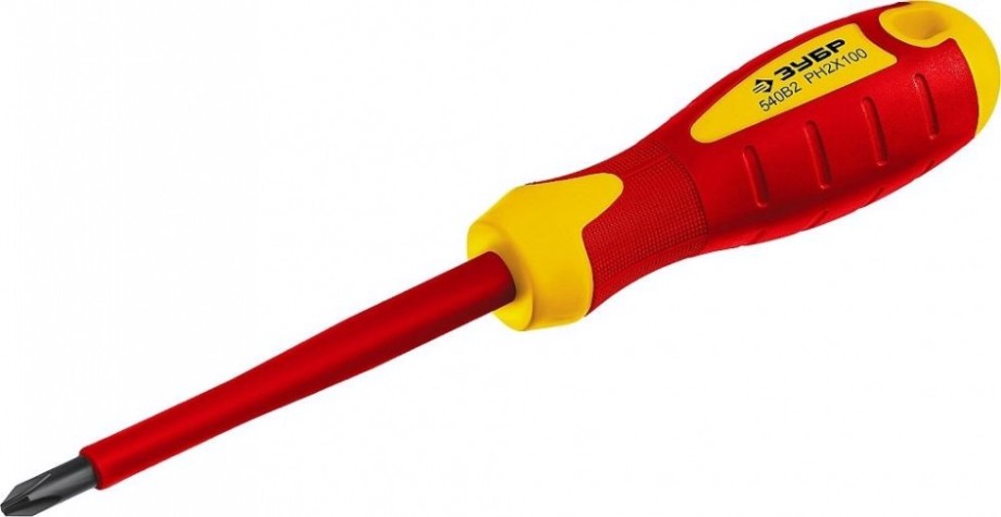 Отвертка крестовая диэлектрическая ЗУБР ПРОФИ ЭЛЕКТРИК PH 2x100 мм до 1000в, "профессионал" 25262-2-100, cr-v, трехко [25262-2-100_z01]