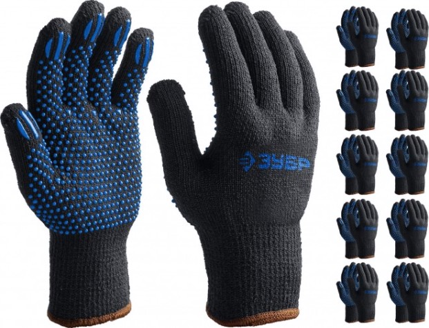 Перчатки трикотажные ЗУБР L-XL мастер, размер утепленные, с пвх покрытием (точка) [11462-H10]