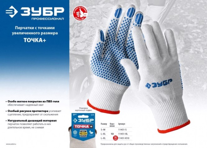 Перчатки трикотажные ЗУБР ТОЧКА размер S-M, с пвх покрытием, тонкие [11451-S]