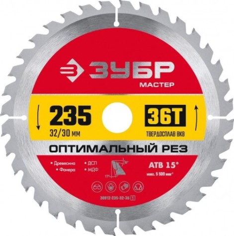Пильный диск по дереву ЗУБР Оптимальный рез 235x32/30мм 36т [36912-235-32-36_z01]