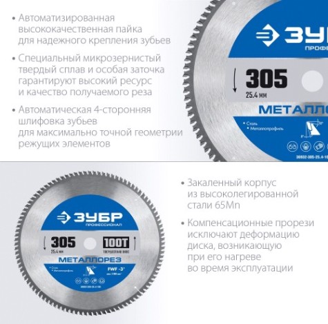 Пильный диск по металлу и металлопрофилю ЗУБР Металлорез 305х25.4мм 100т [36932-305-25.4-100]