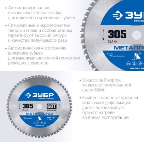 Пильный диск по металлу и металлопрофилю ЗУБР Металлорез 305х25.4мм 60т [36932-305-25.4-60]