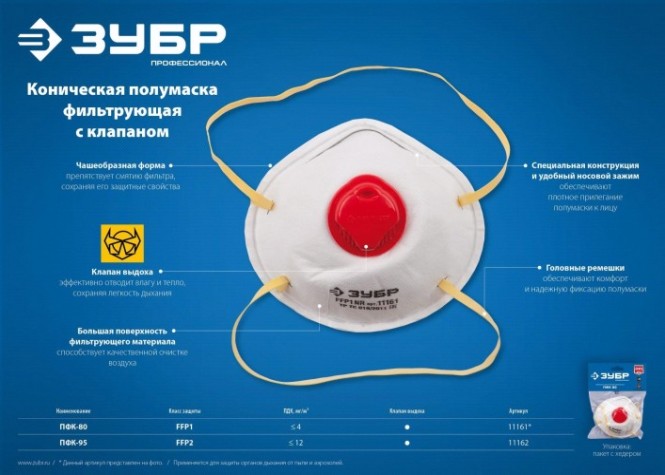 Полумаска фильтрующая коническая с клапаном ЗУБР ЭКСПЕРТ класс защиты FFP2 [11162]
