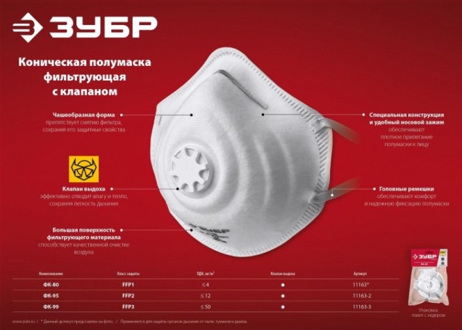 Полумаска фильтрующая ЗУБР ФК-99 коническая, с клапаном ffp3 [11163-3]