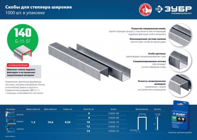 Скоба ЗУБР ЭКСПЕРТ 8 мм для степлера плоские тип 140, 1000 шт [31630-08_z01]