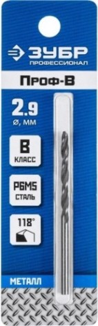 Сверло по металлу ЗУБР ПРОФЕССИОНАЛ 2.9х61мм, сталь р6м5, класс а [29625-2.9]