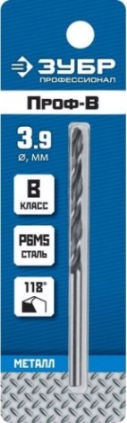 Сверло по металлу ЗУБР ПРОФЕССИОНАЛ 3.9х75мм, сталь р6м5, класс в [29621-3.9]