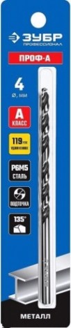 Сверло по металлу ЗУБР ПРОФЕССИОНАЛ 4,0х119мм, удлиненное сталь р6м5, класс а [29624-4]