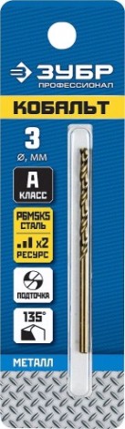 Сверло по металлу ЗУБР ПРОФЕССИОНАЛ кобальт 3.0х61мм, сталь р6м5, класс а [29626-3]