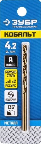 Сверло по металлу ЗУБР ПРОФЕССИОНАЛ кобальт 4.2х75мм, сталь р6м5, класс а [29626-4.2]