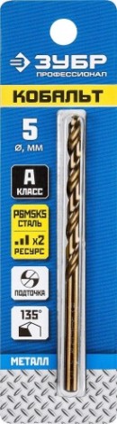 Сверло по металлу ЗУБР ПРОФЕССИОНАЛ кобальт 5.0х86мм, сталь р6м5, класс а [29626-5]