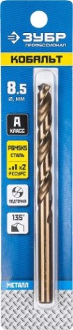 Сверло по металлу ЗУБР ПРОФЕССИОНАЛ кобальт 8.5х117мм, сталь р6м5, класс а [29626-8.5]
