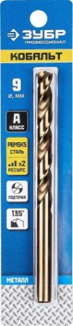Сверло по металлу ЗУБР ПРОФЕССИОНАЛ кобальт 9.0х125мм, сталь р6м5, класс а [29626-9]