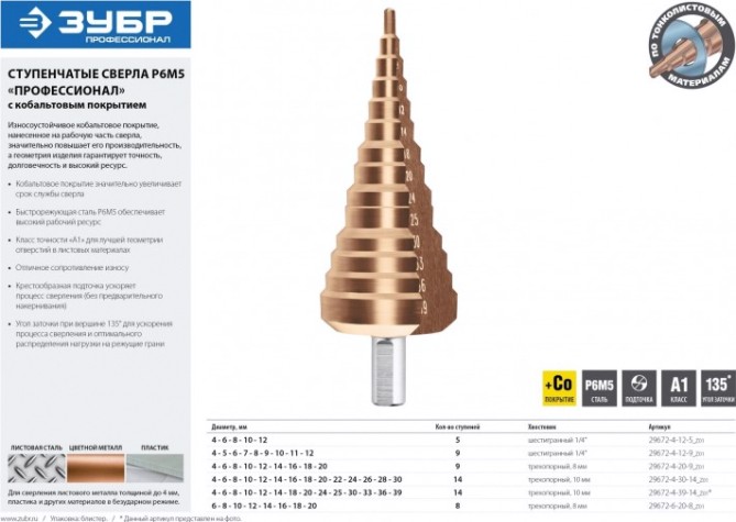 Сверло ступенчатое по металлу ЗУБР ПРОФЕССИОНАЛ кобальт 4-12мм, 5 ступеней, ступенчатое, кобальтов [29672-4-12-5_z01]