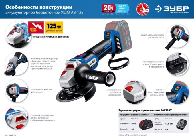 Угловая шлифмашина аккумуляторная ЗУБР AB-125 бесщеточная, без АКБ и ЗУ Профессионал
