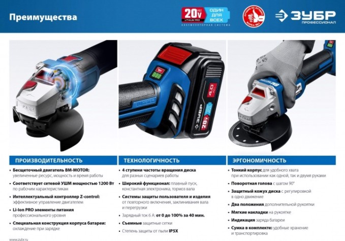 Угловая шлифмашина аккумуляторная ЗУБР AB-125 бесщеточная, без АКБ и ЗУ Профессионал