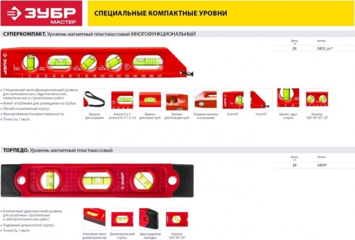 Уровень строительный ЗУБР Компакт магнитный 23 см [3459]